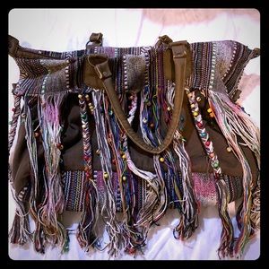 Large America and Beyond fringe beaded tote bag